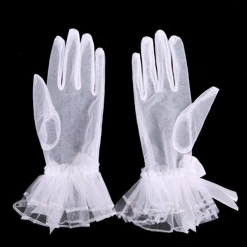 Vintage In Stock Sheer Lace Bridal Gloves Full Finger Wrist Length Short Pageant Evening Women Gloves Lace Bow Wedding Dress Acces2887200