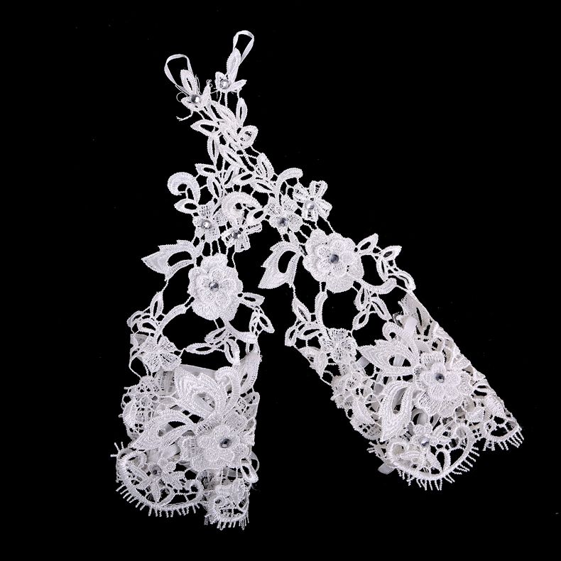 Charmant blanc sexy dentelle gants de mariée accessoires de robe de mariée appliques cristaux sans doigts robe de soirée gants accessoire de mariée1741534