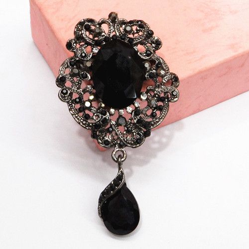 Vintage Fashion Amazing Black Waterdrop Crystal Pendent Lady Black Brosch Hot Selling Graceful Women Smycken Broach Pins Utsökt Corsage