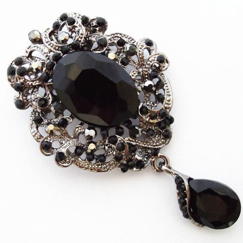 Vintage Fashion Amazing Black Waterdrop Crystal Pendent Lady Black Brosch Hot Selling Graceful Women Smycken Broach Pins Utsökt Corsage