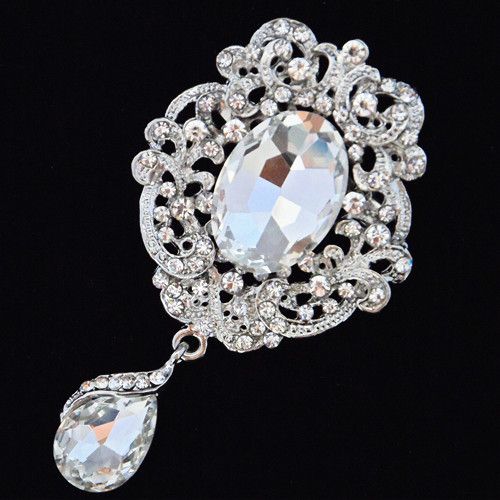 Rhodium Plated Luxury Waterdrop Pendent Crystals Flower Brooch Fashionable Women Bouquet Pin Bling Bling Czech Crystals Broach Pin