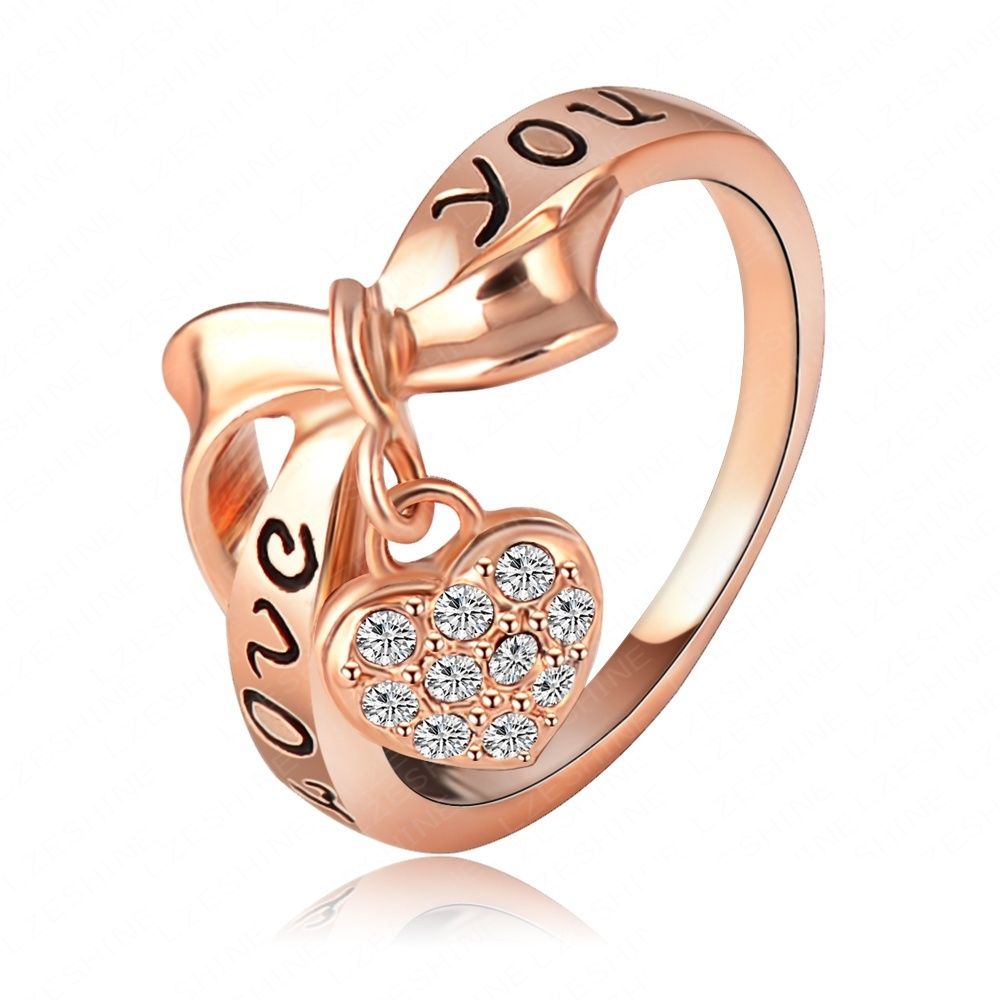 LZESHINE Brand Black Enamel Love You Ring Heart Bow 18K Rose Gold Plate Austrian Crystal SWA Element Rings Word Ring Ri-HQ1055-A-image-209668969