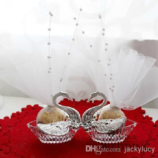 Romantische bruiloft gunsten snoep doos acryl zilver zwaan feestje gunst dozen met parel 100 stks lot