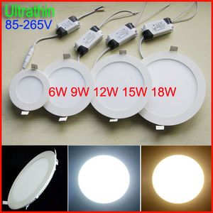 UltraThin 6 W 9W 12W 15W 18 W LED Lights Lights SMD2835 Downlight 85-265V z zasilaniem Sufit Sufit W DÓŁ Ciepłe białe fajne białe