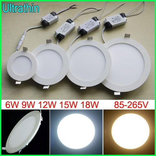 Gratis DHL 6W 9W 12W 15W 18W LED-taklampor Inbyggda downlights 85-265V Ultrathin LED-panelljus med strömförsörjning Cool vit varm vit