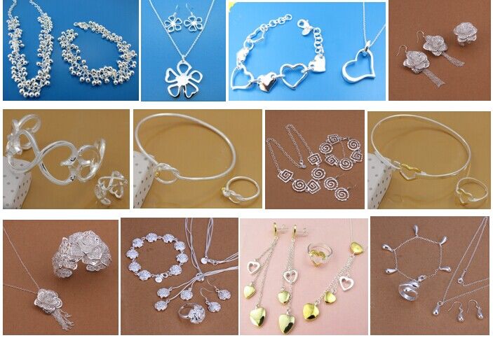 Free Shipping with tracking number Best Most Hot sell Women's Delicate Gift Jewelry 925 Silver Plated Mix Jewelry Set 12 Set 1042