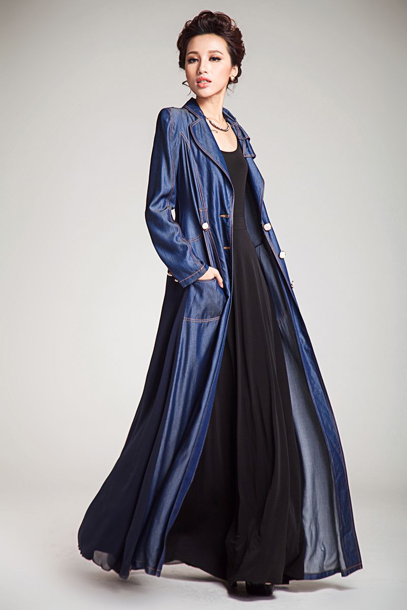 2015 Summer Autumn Womens Trench Coats Denim Single Breasted Sash Spliced Plus Size Floor Length 