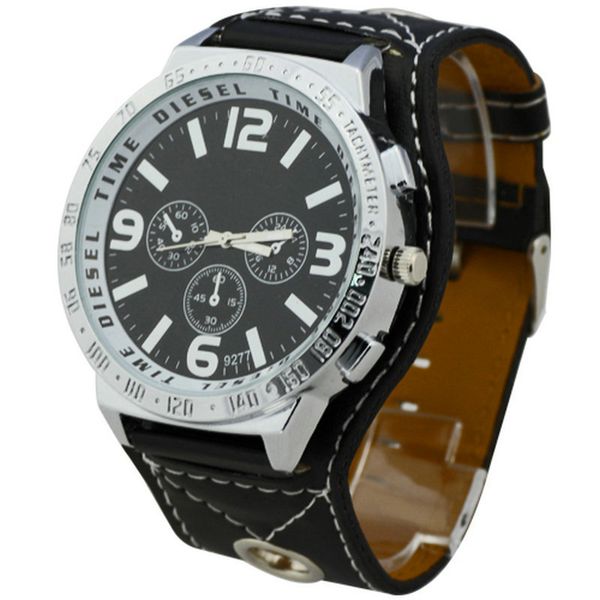 

wholesale-new arrival men's wrist watches with big watch black band round face synthetic leather new ing, Slivery;brown