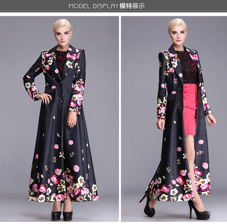 2015 Spring Autumn Womens Trench Coats Polyester Floral Plus Size Floor ...