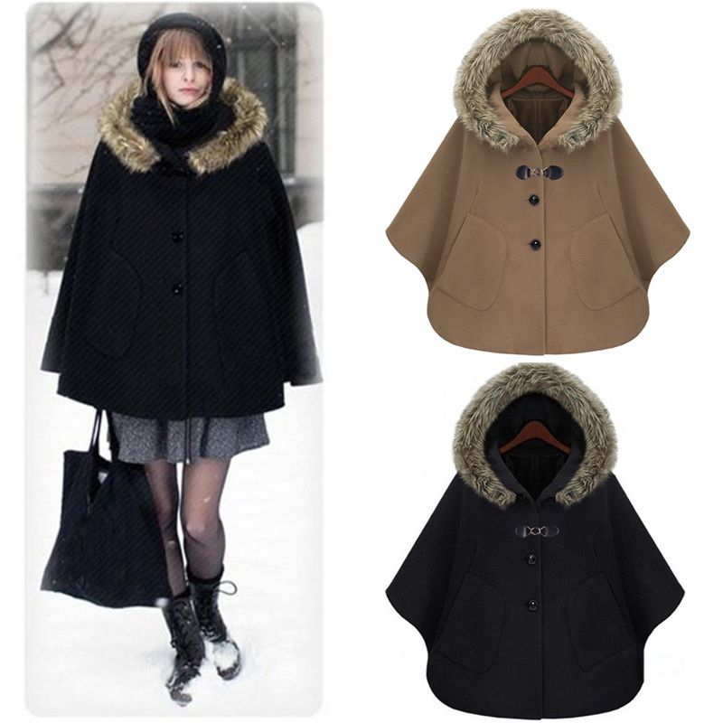 2020 Fashion Women Faux Fur Batwing Hooded Button Poncho 2020 Fashion Women Faux Fur Batwing Hooded Button Poncho