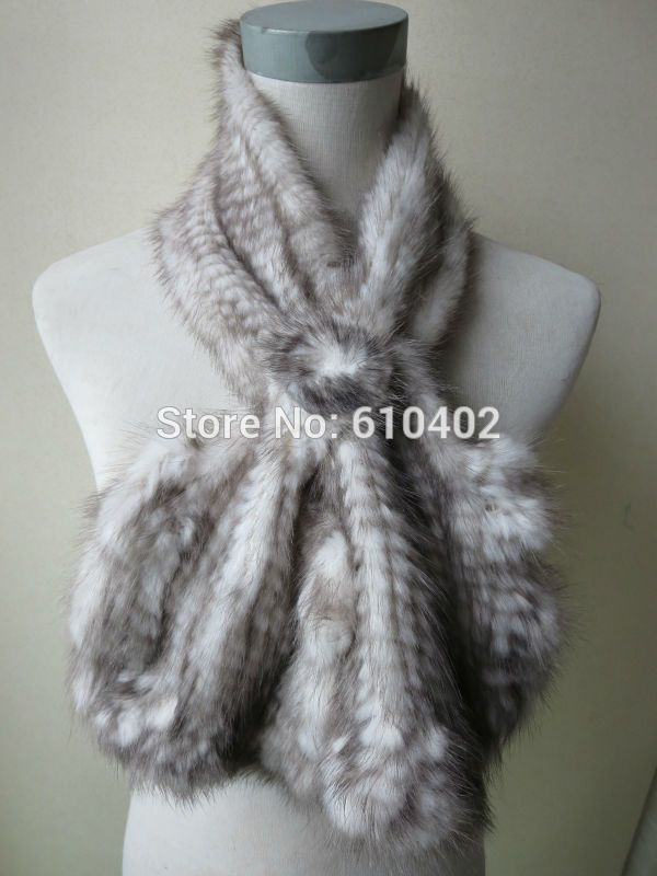 

wholesale/ retail real mink knitted fur flouncing scarves/ white with gray