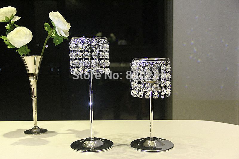 Envío Gratis candelabro de boda de cristal con acabado plateado de Metal, decoración navideña de centro de mesa, 1 juego = 1 grande + 1 pequeño