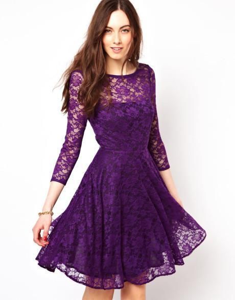 Cheap Fashion Purple Lace Short 2014 Homecoming Dresses Scoop Long ...