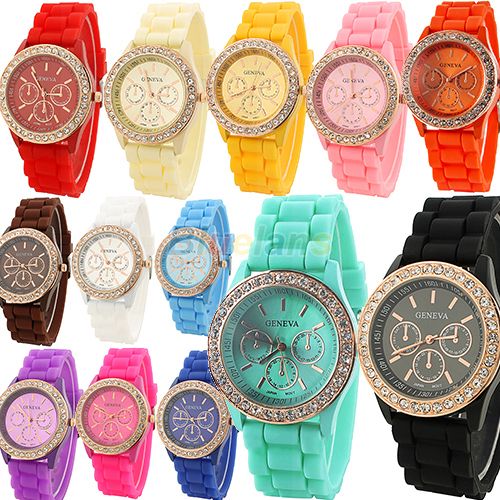 

Wholesale-Geneva Silicone Golden Crystal Stone Quartz Ladies/Women/Girl Jelly Wrist Watch Candy Colors Free Shipping 001K