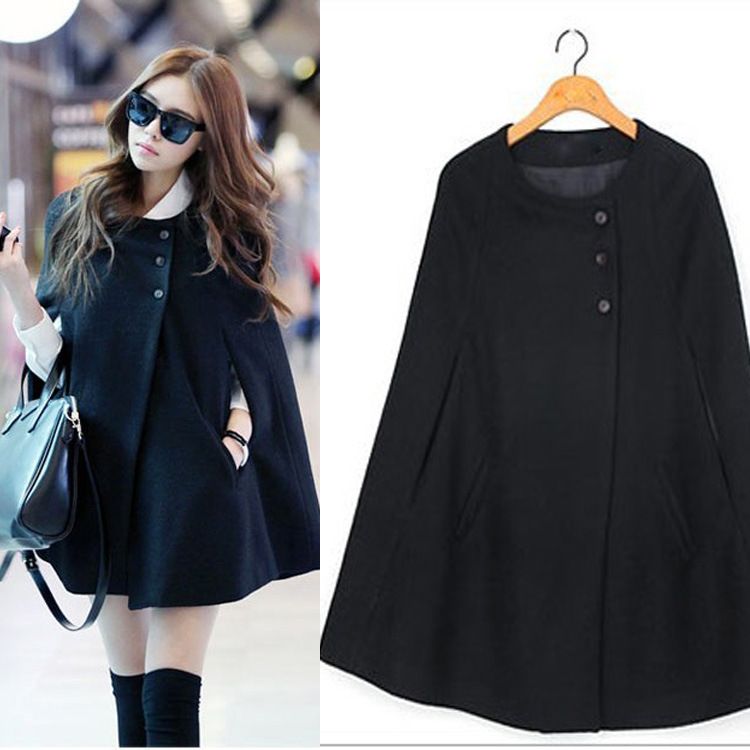 Wholesale Casual Womens Cape Black Batwing Wool Poncho Jacket Lady ...