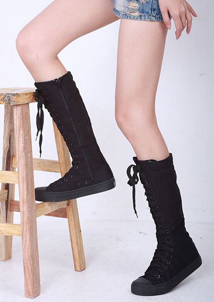 Wholesale New On List Womens Canvas Lace Up Knee Boots Sneakers Flat Casual Tall Punk Shoes NVX006 From Longmian, $22.24 | DHgate.Com