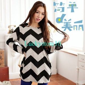Wholesale-Women Stripes Crewneck Long Sleeve Casual Loose Sweater Knitted Blouse Tops L XL