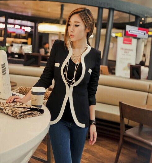 Gros-2015 Nouvelle Mode Femmes Slim Blazer Manteau Casual Vestes À Manches Longues Col En V Noir Blanc Un Bouton Costume OL Survêtement YS8068