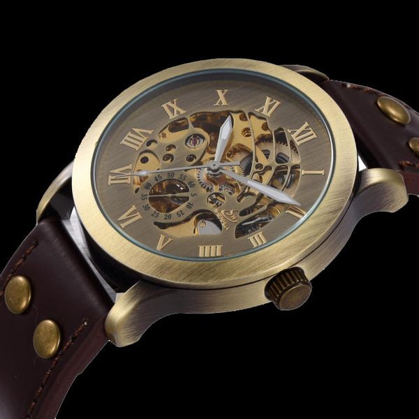 

Wholesale-2015 New Fashion Vintage Antique Bronze Skeleton Mechanical Watch Men Leather Automatic Watch Shenhua Wristwatch