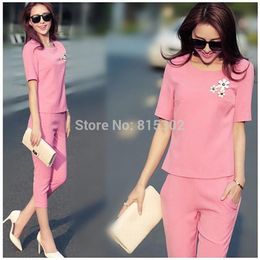 Wholesale-2015 summer twinset set ladies plus size office ladies formal cotton soft suits female work wear free shipping