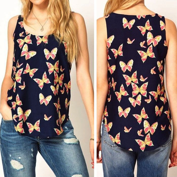 

New Womens Butterfly Print Sleeveless Chiffon Tank Top Shirts Crew Vest