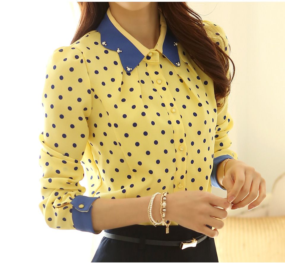 

Wholesale-2015 Ladies Spring Slim Peter Pan Diamante Collar Polka Dot Print long-sleeve Chiffon Long-sleeve Blouses Shirt For Women WF-545, White