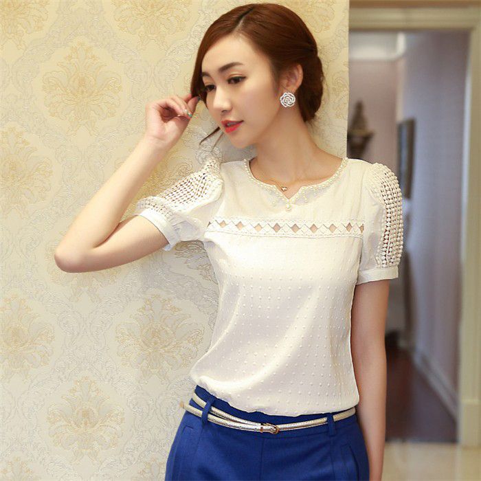

Wholesale-New spring summer blouses v-neck women chiffon blouse plus size Solid Fashion backing shirt free shipping size -XXL WF-622, White