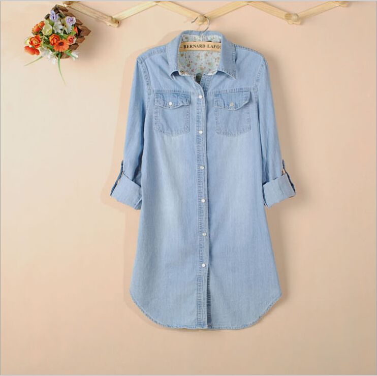 Wholesale-mulheres 2015 nova manga longa slim azul denim camisa vestido jeans blusa casaco casaco tops longo estilo zd116