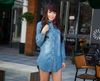 Wholesale-mulheres 2015 nova manga longa slim azul denim camisa vestido jeans blusa casaco casaco tops longo estilo zd116