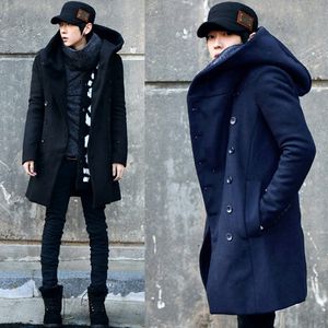 Grossistfri frakt! Ny Billiga Vinter Koreansk Special Mens Hooded Pea Coat Slim Fit Lång sektion Mäns ullrock