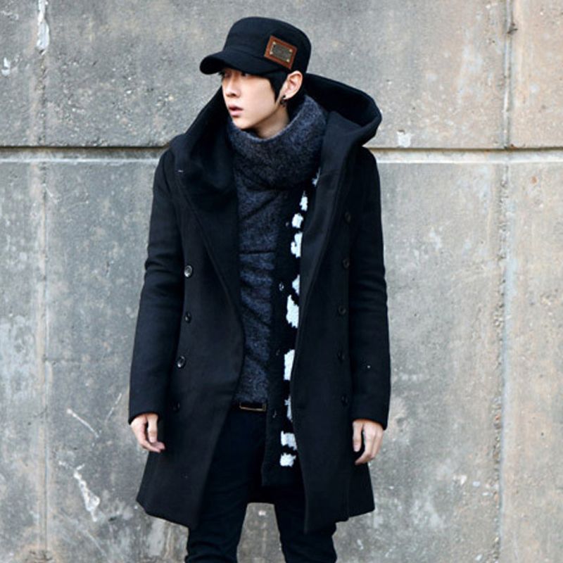 도매가없는 배송 새로운 저렴한 겨울 한국 특수 남성 후드 완두콩 코트 슬림 한 긴 섹션 남자 양모 코트