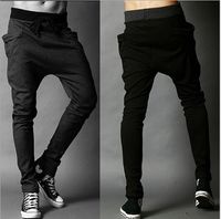 Al por mayor-Diseño único Harem pantalones de cintura elástica de los hombres pantalones deportivos coreano Cool Slim Fit pantalones de chándal Drop entrepierna pantalones hombres negro