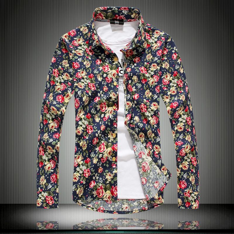 Wholesale-New 2015 Spring Summer Men's Long Sleeve Flowers Shirt, Mans ...