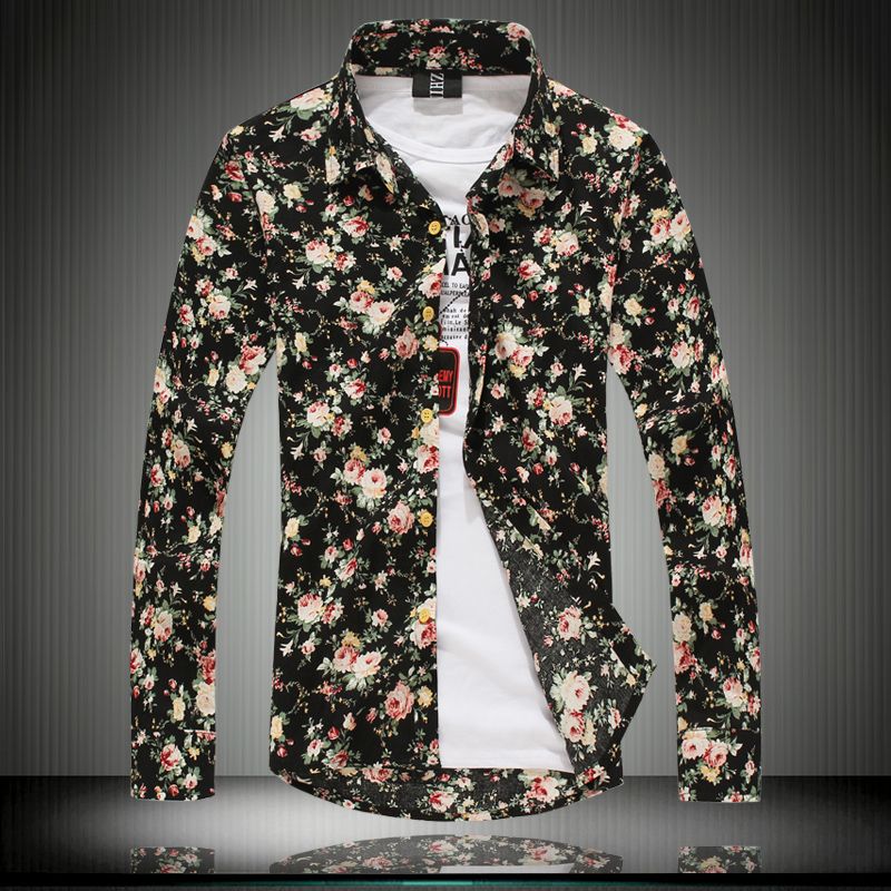 Wholesale-New 2015 Spring Summer Men's Long Sleeve Flowers Shirt, Mans ...