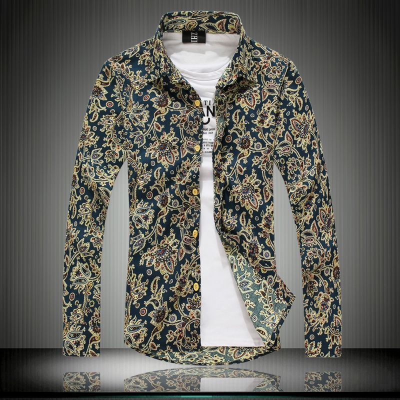 Wholesale-New 2015 Spring Summer Men's Long Sleeve Flowers Shirt, Mans ...