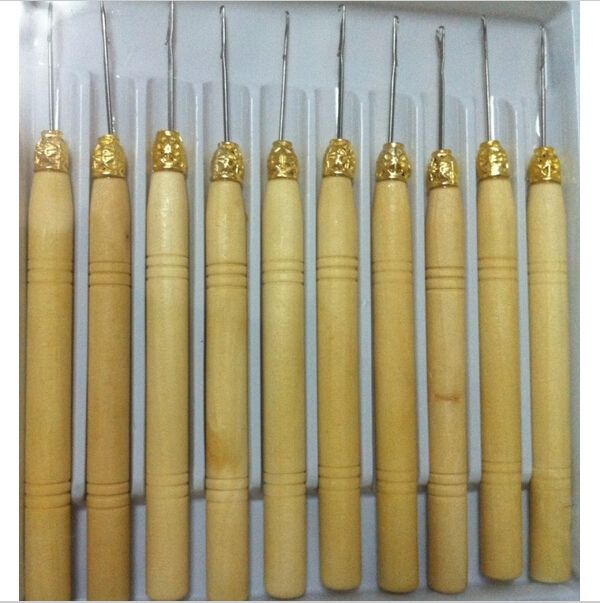 

Wholesale-10pcs Wholesale Wooden Handle Pulling Needle/Micro Rings Needle Hair Extension Tools/hair ventilating weaving needles for wig
