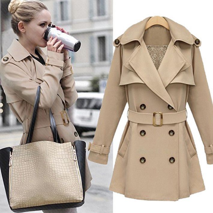 Оптовые-2015 Горячие моды A-Line Женщины Fall Trach Khaki Black Women Длинные Мода Одиночные погружные С Сышами Ветер Пальто C0803