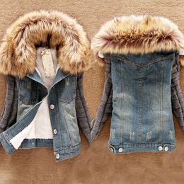 Wholesale-2015 Casacos Femininos Inverno Winter Women Jean Coat Suede Lining Detachable Fur Collar Jaquetas Jackets Free Shipping WWJ064