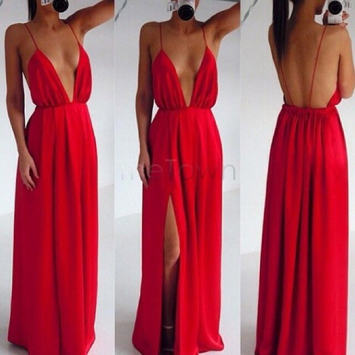 Wholesale-High Split Women Dress Evening Party Elegant Long Dress Sexy Red Spaghetti Strap Backless Pleated Maxi Dress B16 SV005369
