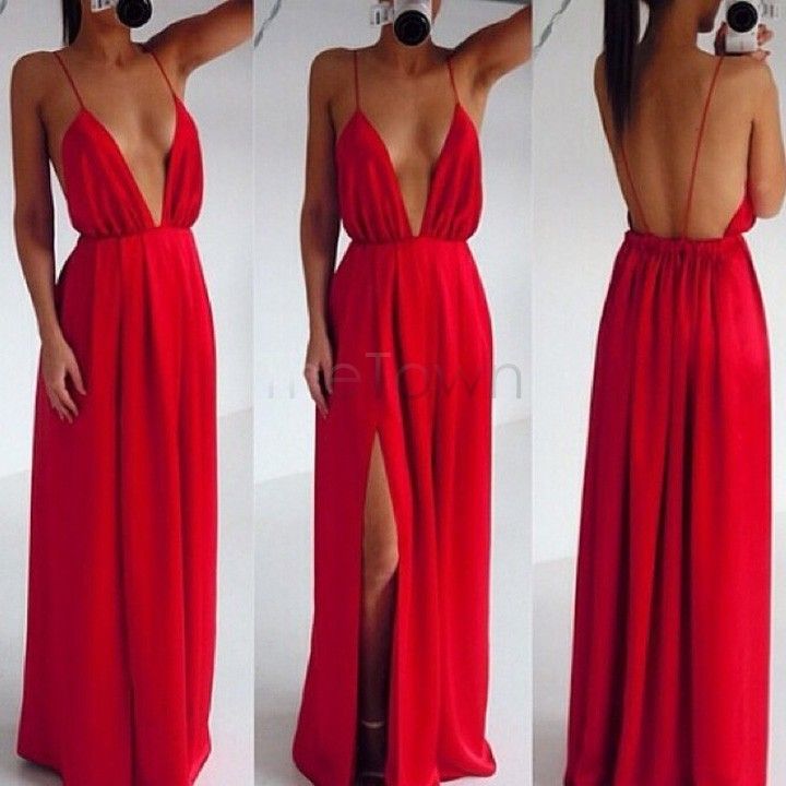 

Wholesale-High Split Women Dress Evening Party Elegant Long Dress Sexy Red Spaghetti Strap Backless Pleated Maxi Dress B16 SV005369, Black