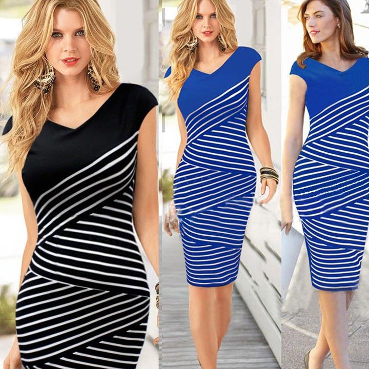 Wholesale-Spring New Fashion Women Summer Dress Casual Short Sleeve Top Striped Bodycon Pencil Midi Dresses White Black S- XL #4 SV003903