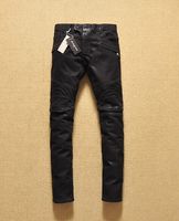 Wholesale new Men Knee folds Waxed Water Locomotive black skinny pants jeans high quality Straight pants