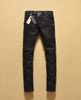 Wholesale-new Men Knee Folds Waxed Water Locomotive Black Skinny Pants Jeans High Quality Straight Free Shipping