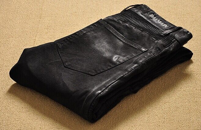 

Whole-new Men Knee folds Waxed Water Locomotive black skinny pants jeans high quality Straight pants 258t