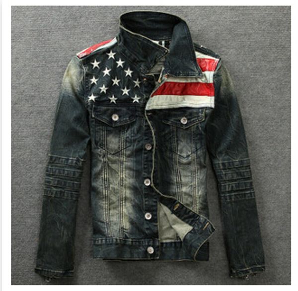 

мужская джинсовые куртки верхняя одежда американский флаг мужчина сделать старый синий мотоцикл джинсы куртка пальто человек мода тонкие джи, Black;brown