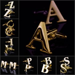 Wholesale-26 Design Personal Initial Letter A - Z Gold Toned Stainless Steel Mens Cufflinks (Leave which design to send when order)