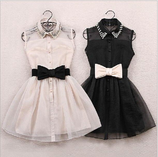 Wholesale-With belt 2015 New Arrival Fashion Pearl Diamond Casual Dress Small Lapel Gauze Waist Tutu Party One-piece girl cute dress