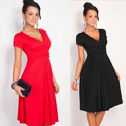 Wholesale-New 2015 casual women dress V-neck knee-length solid dress plus size high waist fashion simple winter dress vestidos