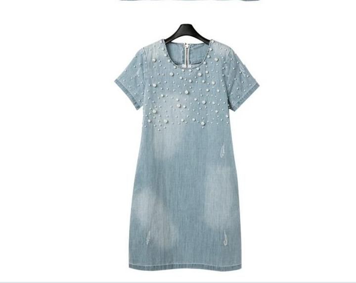 Hurtownia-S-5XL 2015 Kobiety Femininos A-Line Denim Plus Size Dress / O-Neck Pearl Krótki rękaw Luźne Casual Dżinsy Naturalna Dress 3XL, 4XL, 5XL