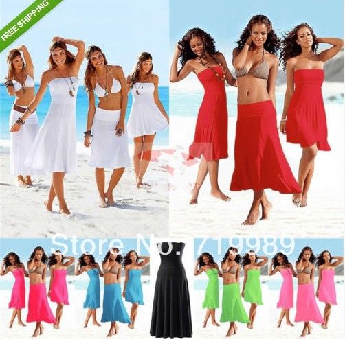 

Wholesale-Sexy Women 3 in 1 Strapless Bikini Cover Up Bandeau Dress Swimwear Beach Skirt 11 color, Black